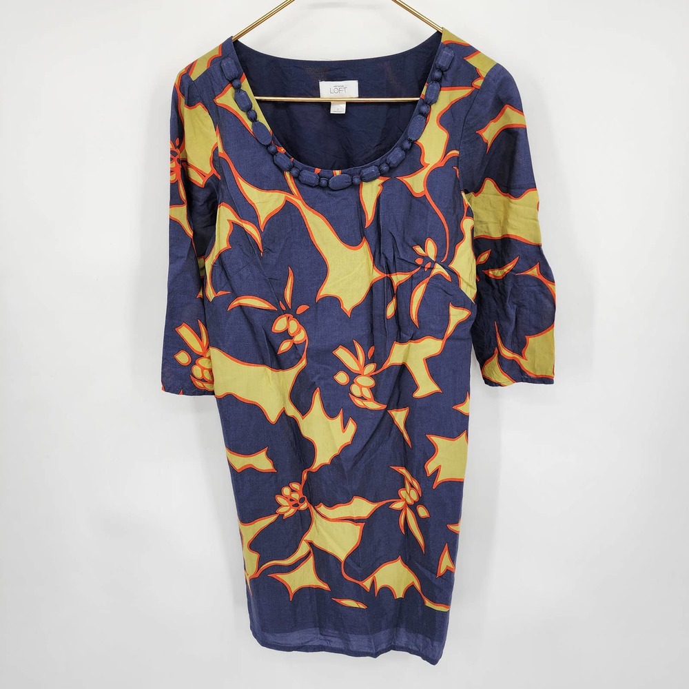 Ann Taylor LOFT Blue Yellow Print Shift Dress Floral Size 2